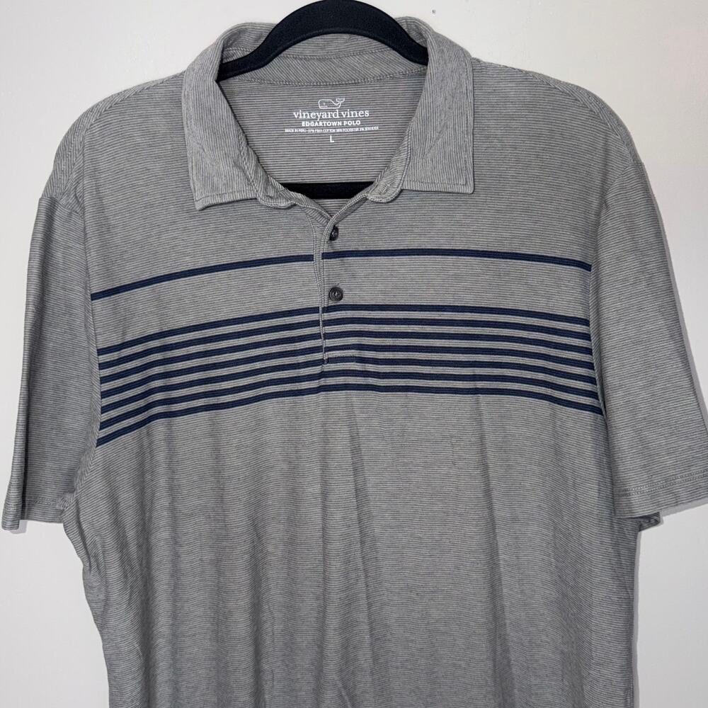 Vineyard Vines Edgartown Polo Mens Large Gray & Navy Stripe Short Sleeve Polo